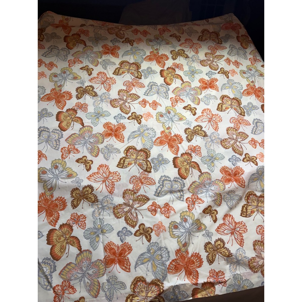 Vintage Burlington Butterfly Fitted Sheet Full Size Percale Orange Yellow 70s